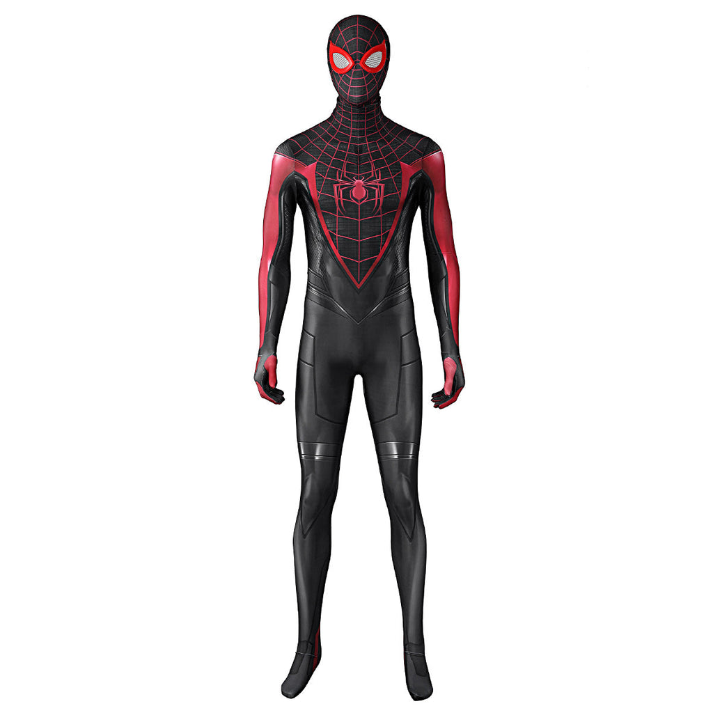 Full front view of the Spider-Man 2 Miles Morales costume with red chest webbing and a black mask