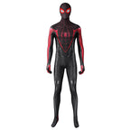 Full front view of the Spider-Man 2 Miles Morales costume with red chest webbing and a black mask