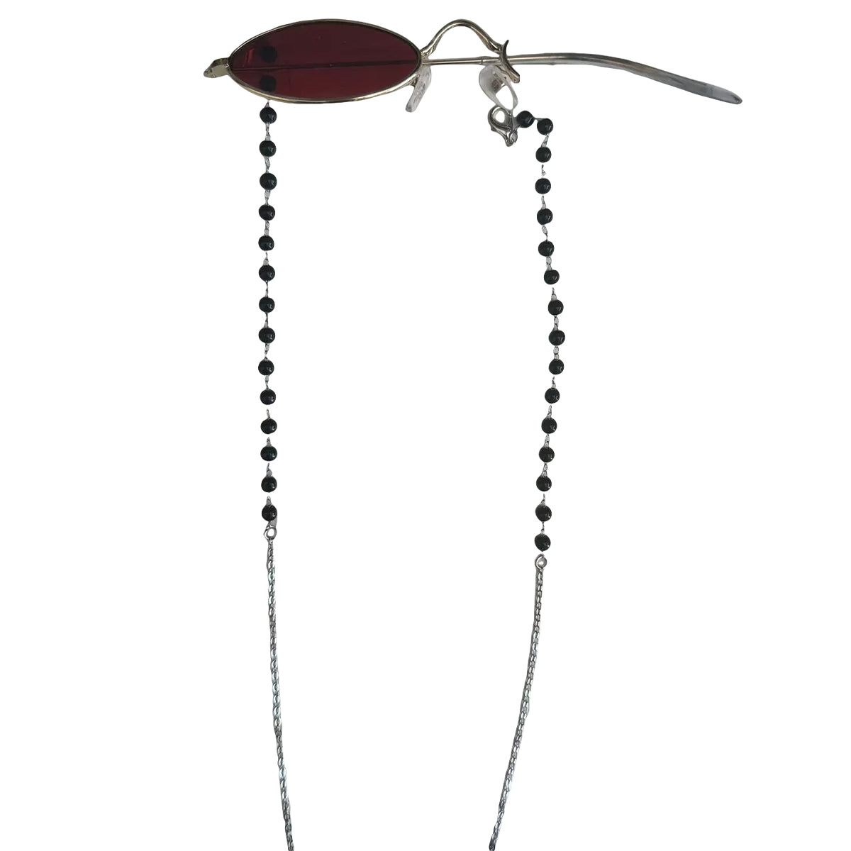 Alastor red oval cosplay eyewear with a hanging black beaded chain on a white background
