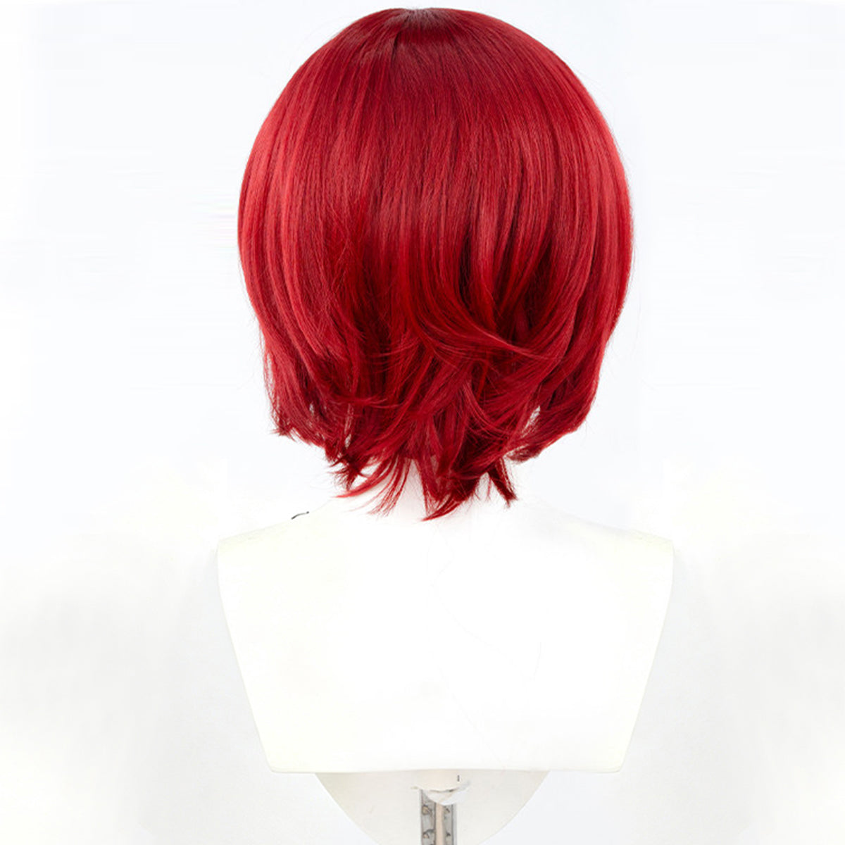 Back view of the Giovanna short red cosplay wig showing layered, curved ends at the nape
