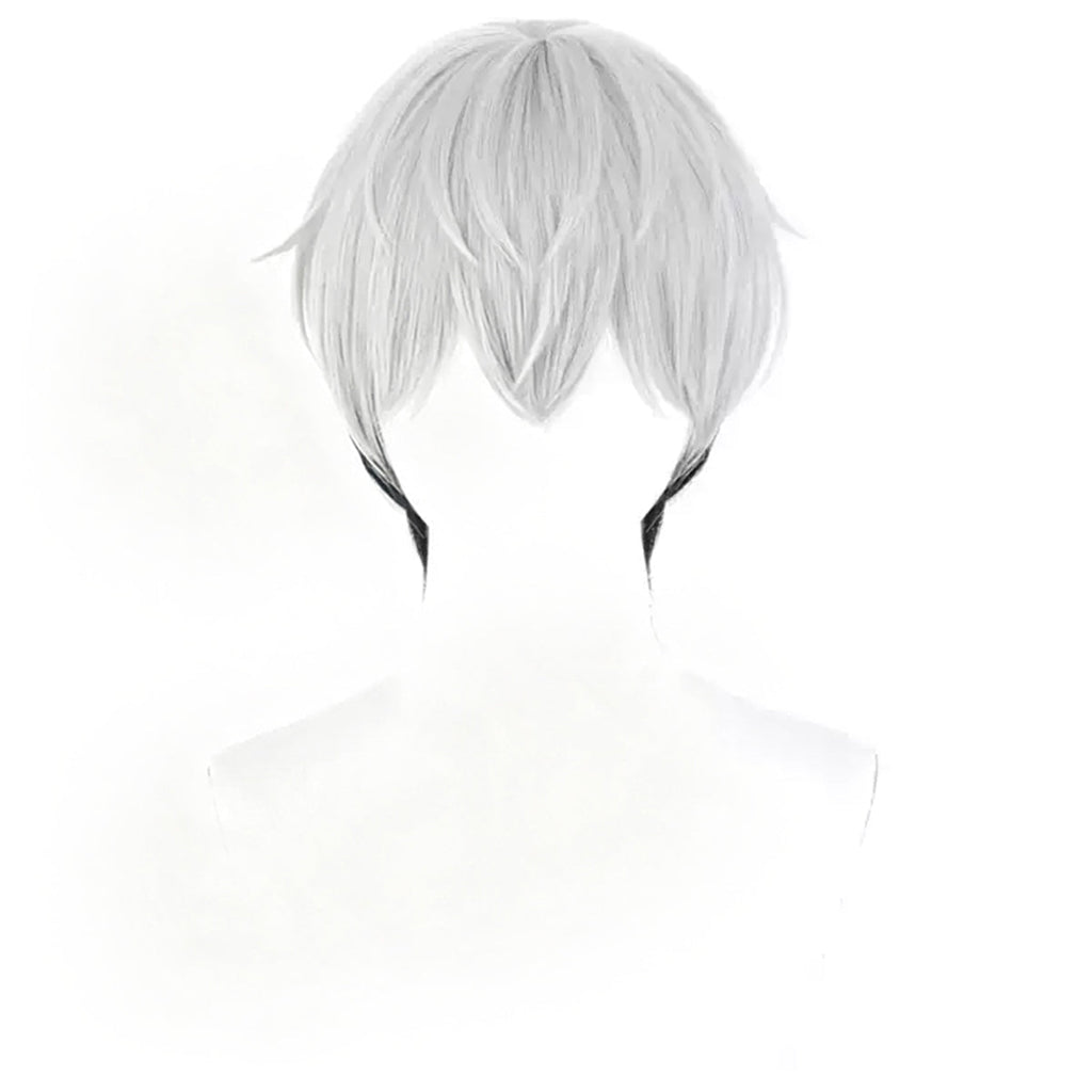 Front view of the Mizuki light gray wig showing pointed layered bangs and black hair beneath the sides
