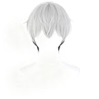 Front view of the Mizuki light gray wig showing pointed layered bangs and black hair beneath the sides