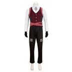 Front view of the Falco costume with a white high-collar shirt, burgundy vest, pink waist straps and black trousers