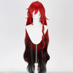 Front view of the Himeko Nova wig showing layered red bangs, a curled front strand and long dark ends