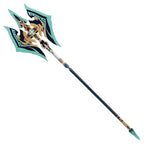 Full-length view of the Fei Xiao staff prop with an ornate green head and long dark shaft