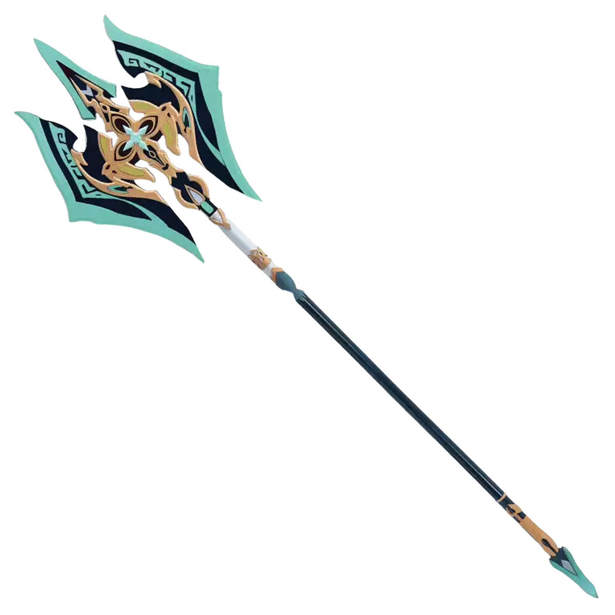 Full-length view of the Fei Xiao staff prop with an ornate green head and long dark shaft