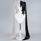 Front view of the Sparxie split black-and-white wig with long twin tails and layered bangs