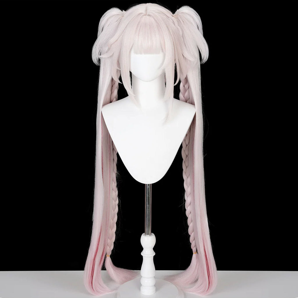 Front view of the Sparxie pink wig with straight bangs, long twin tails and braided sections