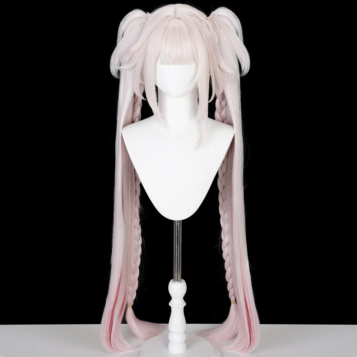 Front view of the Sparxie pink wig with straight bangs, long twin tails and braided sections