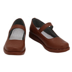 Front and angled view of the Ty Lee brown cosplay shoes with instep straps and light-colored stitched insoles