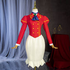 Front view of the Grace Auvergne costume showing yellow jacket trim, double rows of buttons and a pointed cream skirt hem