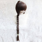 Front view of the Ty Lee brown wig with sweeping bangs and a long braid draped beside the mannequin