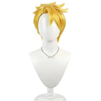 Front view of the Yuru short golden wig showing swept spiky crown layers and long pointed bangs
