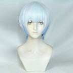 Front view of the Hikaru Koragi light blue bob wig with straight bangs on a mannequin