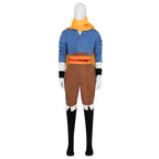 Front view of the Yuru blue wrap costume with yellow scarf tails, orange waist sash, brown trousers and black wristbands