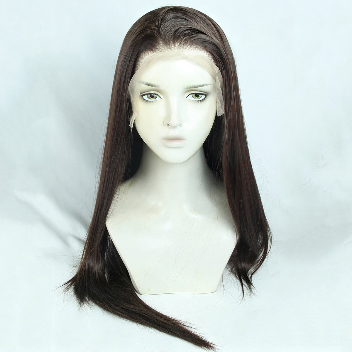 Front view of the Hyuna long brown cosplay wig showing the side part and visible lace edge