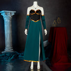 Full front view of the Vex'ahlia party dress with gold-colored trim, teal arm sleeves and a slit skirt