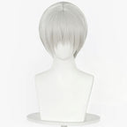 Front view of the Zero Kiryu silver-white wig showing long feathered bangs and curved face-framing sections