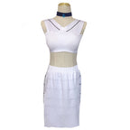 Front view of the Katara white two-piece costume with crossed neckline trim and a blue pendant choker