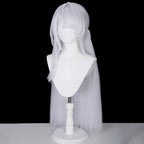 Front angled view of the Velina Airgid white wig showing curved face-framing layers and long straight lengths