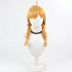 Front view of the Gabu-chan golden cosplay wig with two braids, side-swept bangs and an upright hair tuft