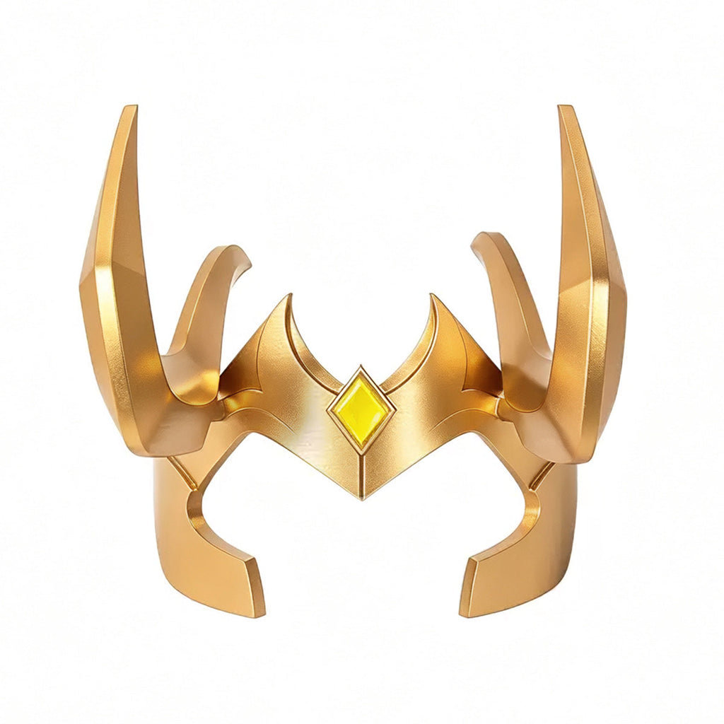 Front view of the Loki Presidential Attire cosplay headpiece with tall curved horns and a yellow diamond-shaped accent