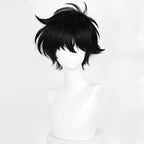 Front view of the Kid the Phantom Thief black wig showing layered bangs and curved spikes at the crown and sides