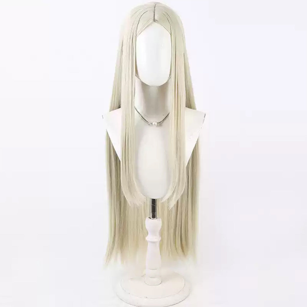 Front view of the August pale blonde wig with a center part and long face-framing strands