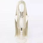 Front view of the August pale blonde wig with a center part and long face-framing strands