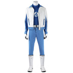 Front view of the Mister Fantastic costume with a white-and-blue jacket, number 4 top and white boots