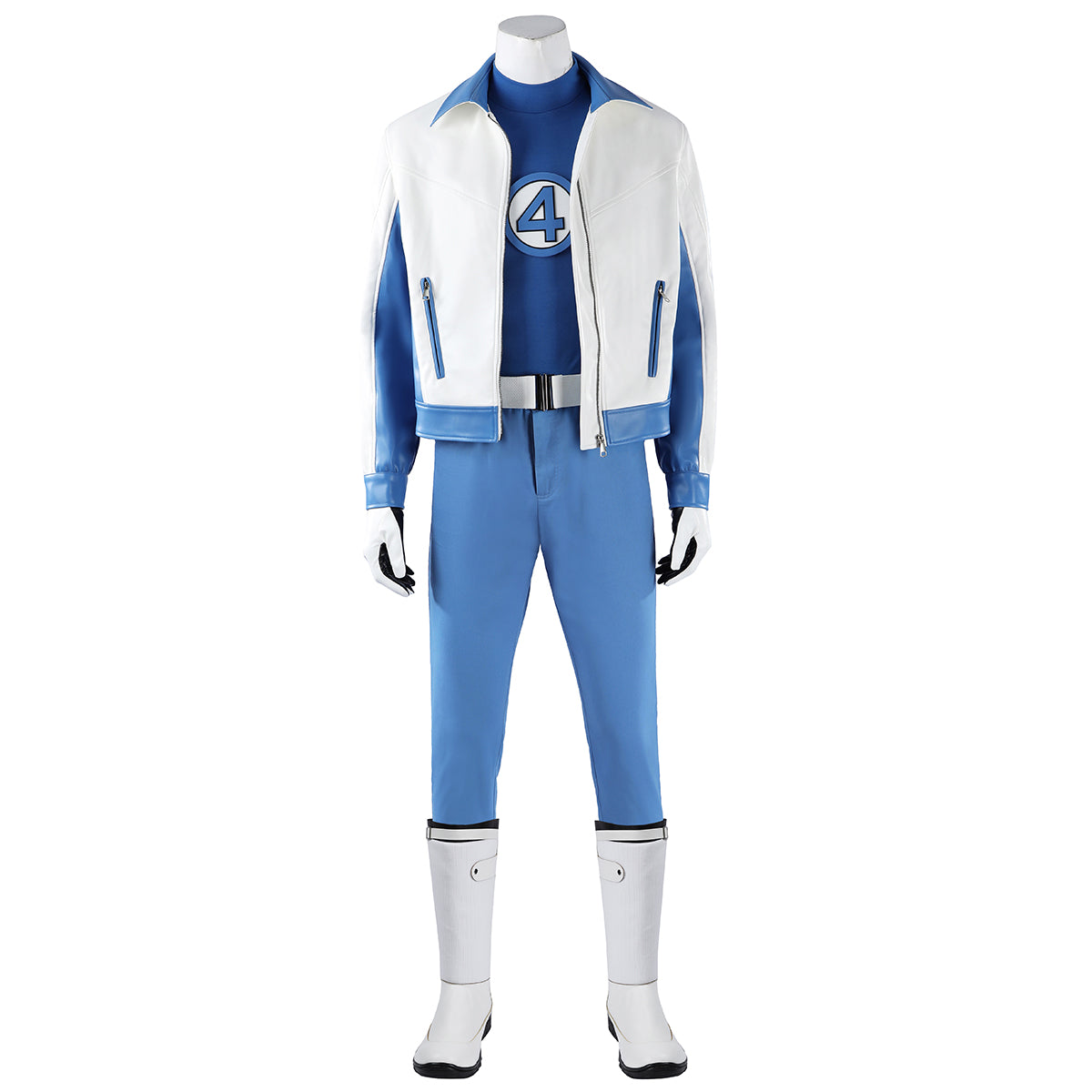 Front view of the Mister Fantastic costume with a white-and-blue jacket, number 4 top and white boots