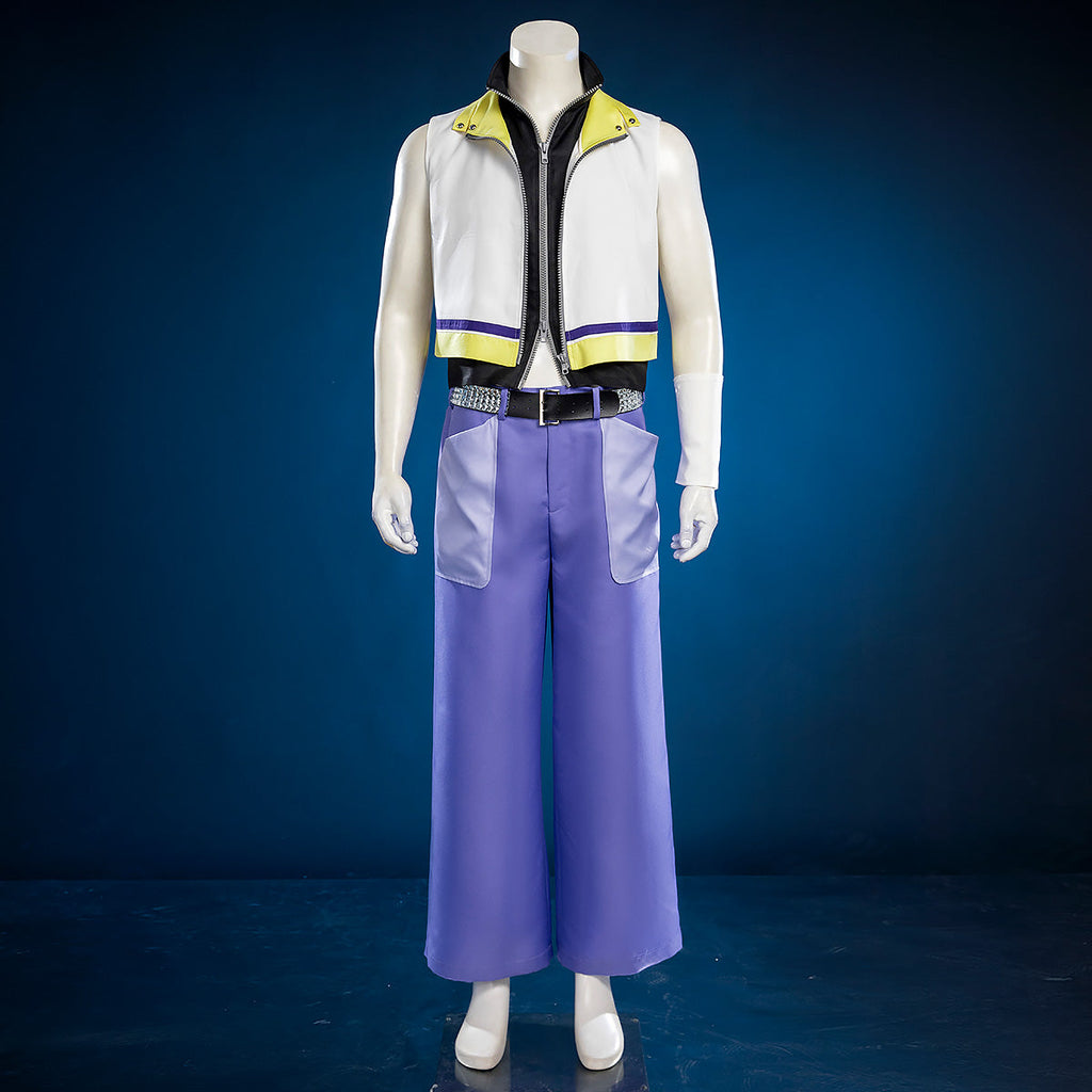 Front view of Riku costume showing layered zip-front sleeveless tops, purple trousers, decorated belt and white cuff