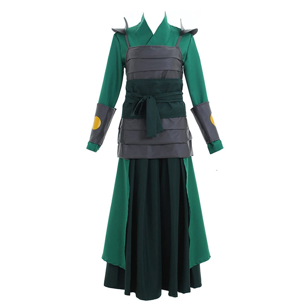 Front view of the Suki green Kyoshi Warrior costume with dark segmented armor-style panels and tied waist sash