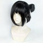 Three-quarter view of the Inako Momokawa wig showing swept-back black hair, a high bun and curled nape ends