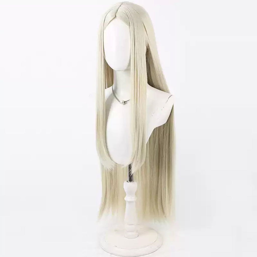 Three-quarter view of the August cosplay wig showing straight blonde lengths and shorter front sections