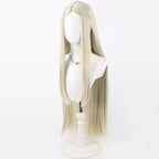 Three-quarter view of the August cosplay wig showing straight blonde lengths and shorter front sections