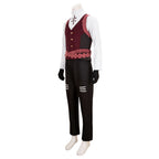 Three-quarter view of the Falco costume showing the vest side panels and white stripes on the black trousers