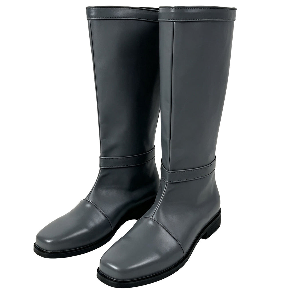 Three-quarter view of the Aang gray boots showing the tall shafts, ankle bands and low heels