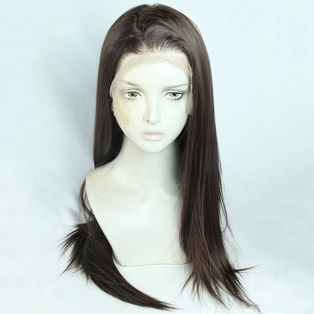 Angled front view of the Hyuna brown wig with long face-framing lengths and a visible lace hairline