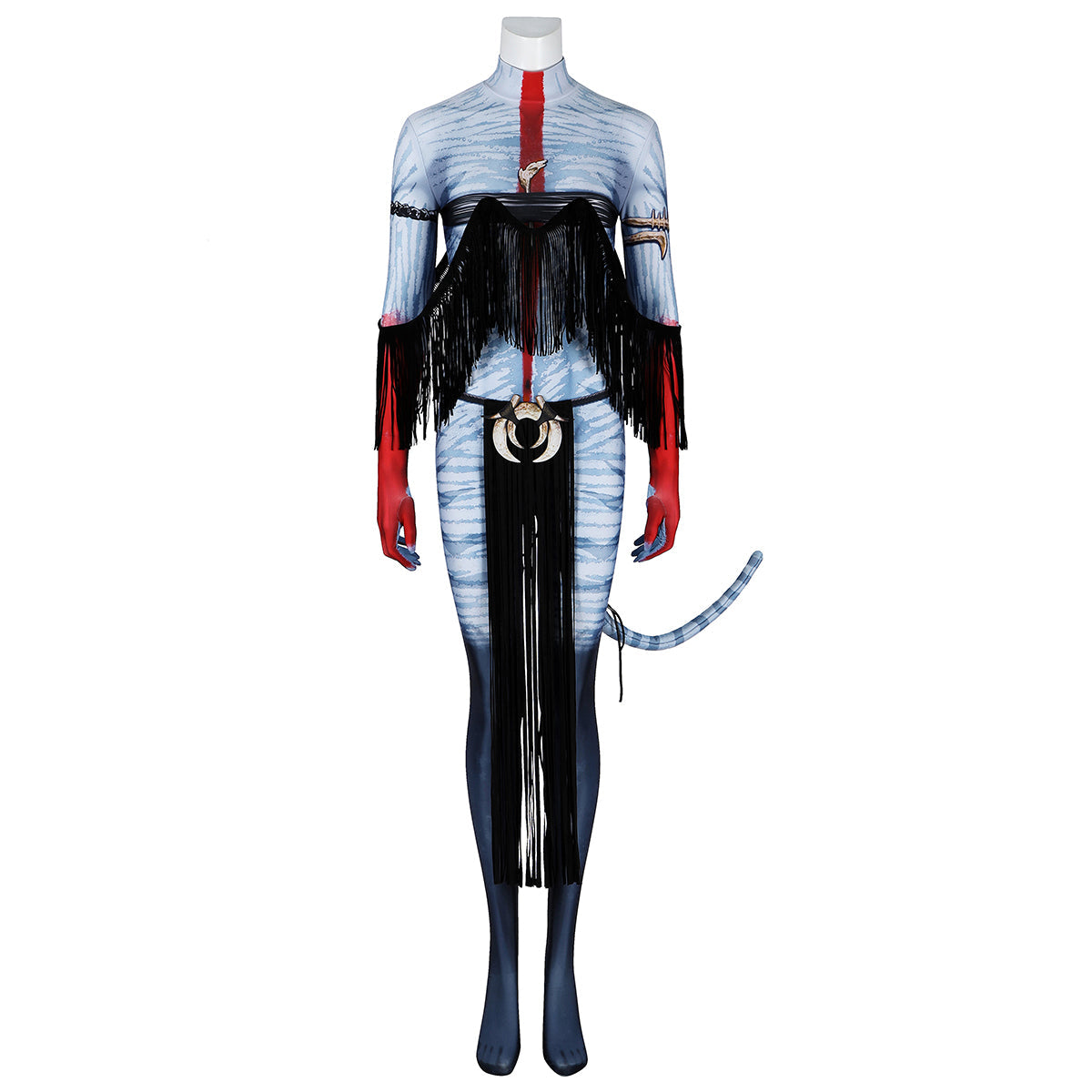 Front view of the Varang costume without the headpiece, showing red forearms, black fringe and blue striped bodysuit