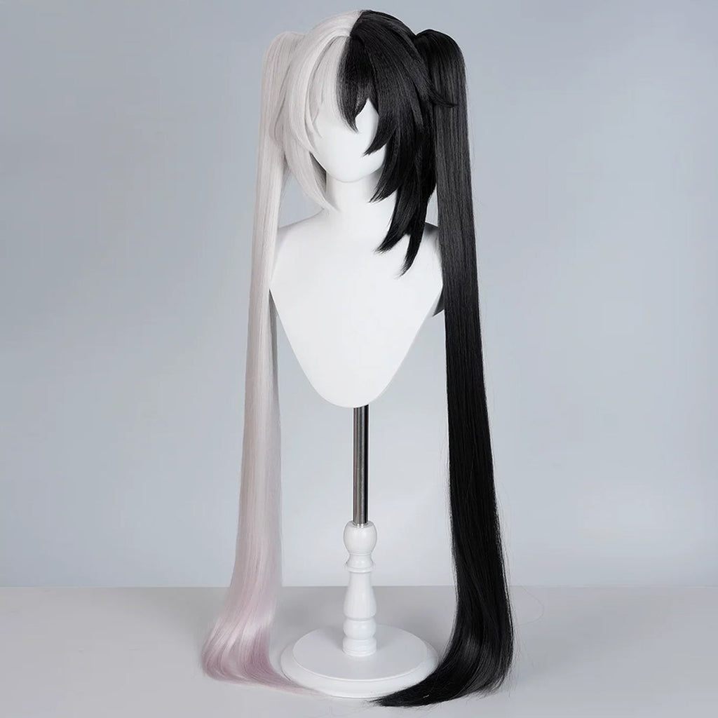 Angled view of the Sparxie two-tone wig showing the black face-framing layers and long straight ponytails