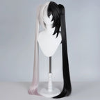 Angled view of the Sparxie two-tone wig showing the black face-framing layers and long straight ponytails