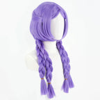 Opposite three-quarter view of Yunara purple wig showing swept-back side sections and long tied braids