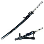 Jin Sakai cosplay sword props in black-and-blue scabbards, with the shorter prop displayed on a stand