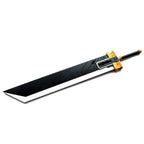 Angled view of the Final Fantasy VII sword prop showing the broad blade and two circular details near the guard