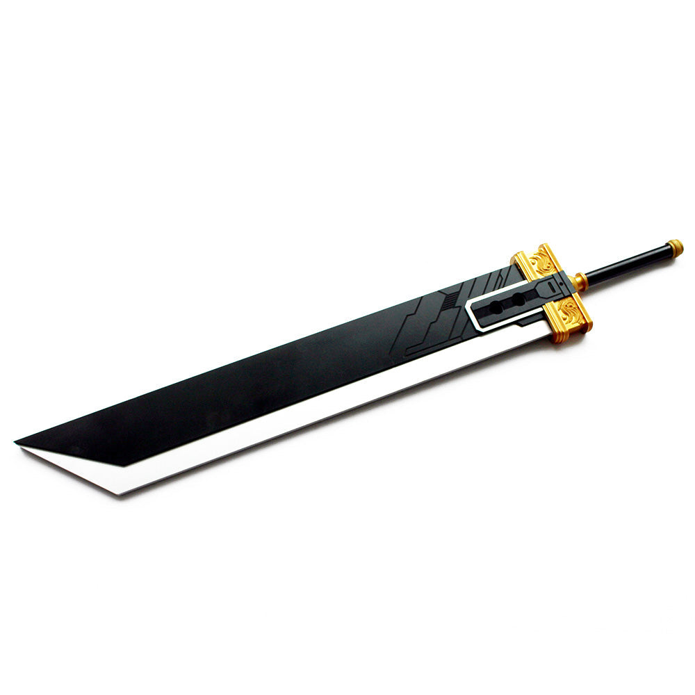 Angled view of the Final Fantasy VII sword prop showing the broad blade and two circular details near the guard