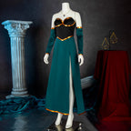 Three-quarter view of the Vex'ahlia evening dress showing the black sweetheart bodice and long teal skirt