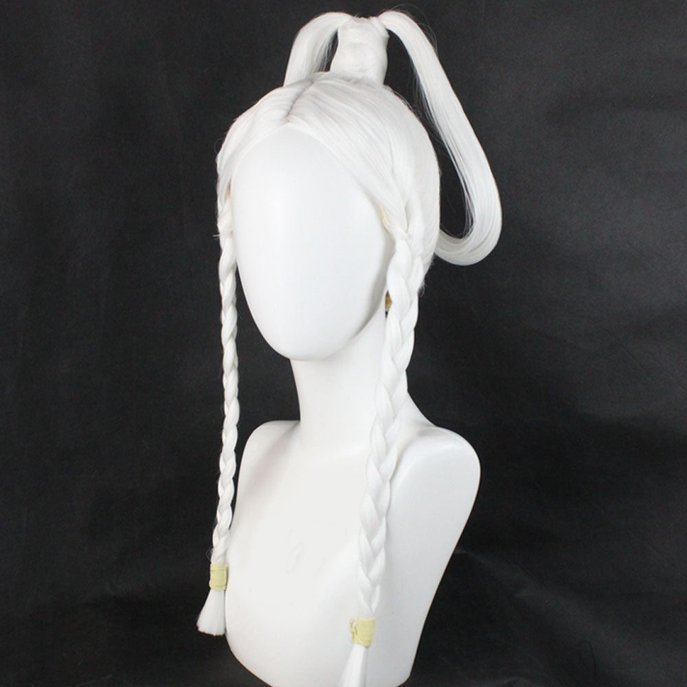 Three-quarter view of the Princess Yue white wig showing the center part, front braids and raised ponytail