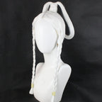 Three-quarter view of the Princess Yue white wig showing the center part, front braids and raised ponytail