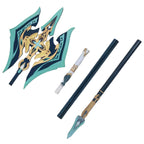 Fei Xiao cosplay staff components laid out separately, showing the decorative head and shaft sections